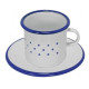 Emaille Tasse u. Untertasse mit blauem Dekor