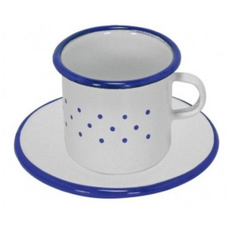 Emaille Tasse u. Untertasse mit blauem Dekor