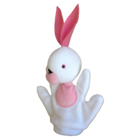 Hase, Handpuppe für Kinderhände aus flauschigem Stoff, in der Farbe weiss.